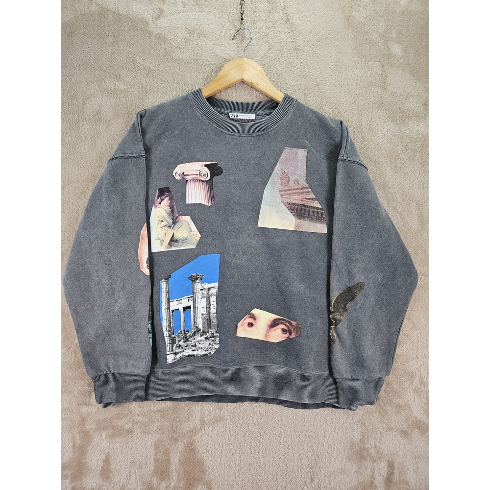 Zara Crewneck Sweatshirt Faded Distressed Dark Gray Wash Renaissance Art